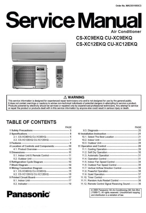 CS-XC9EKQ, CS-XC12EKQ, CU-XC9EKQ, CU-XC12EKQ